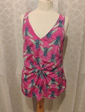 Women’s Pink Bee-Print Knot Front Tank Top